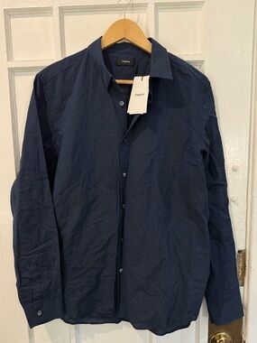 Theory Dark Blue Linen Button-Up
